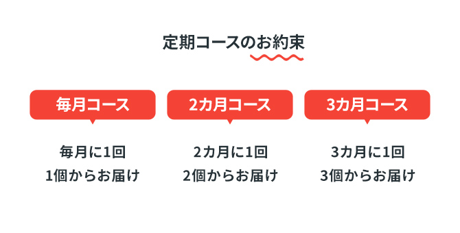 定期コースのお約束 毎月コース→毎月1回1個からお届け 2カ月コース→2カ月に1回2個からお届け 3カ月コース 3カ月に1回3個からお届け