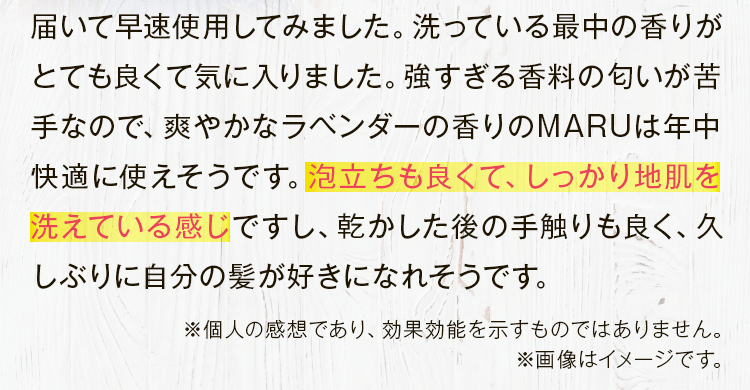 泡立ちも良くて、しっかり地肌を洗えている感じですし、乾かした後の手触りも良く、久しぶりに自分の髪が好きになれそうです。